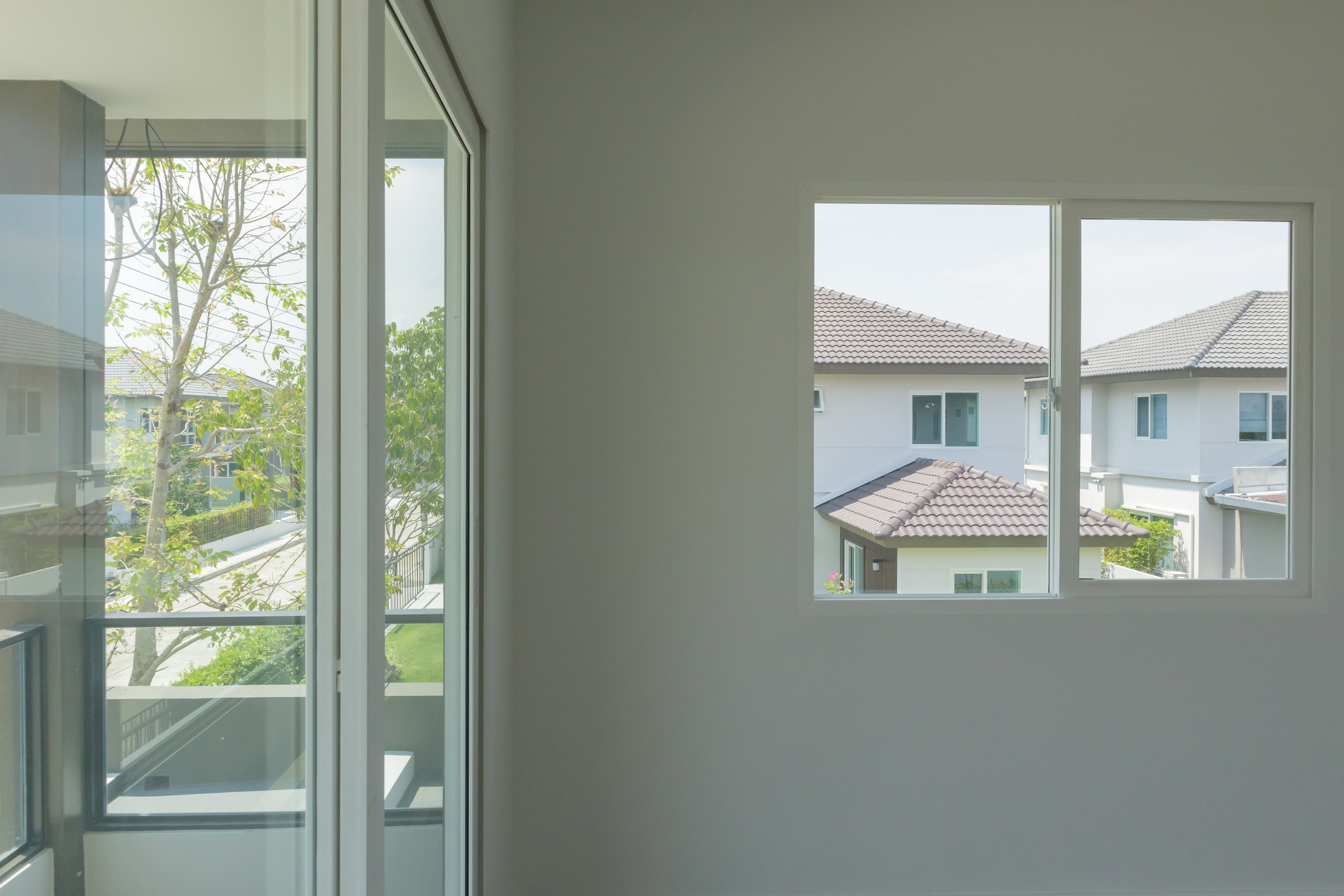 Empty room with glass window frame house interior on concrete wall